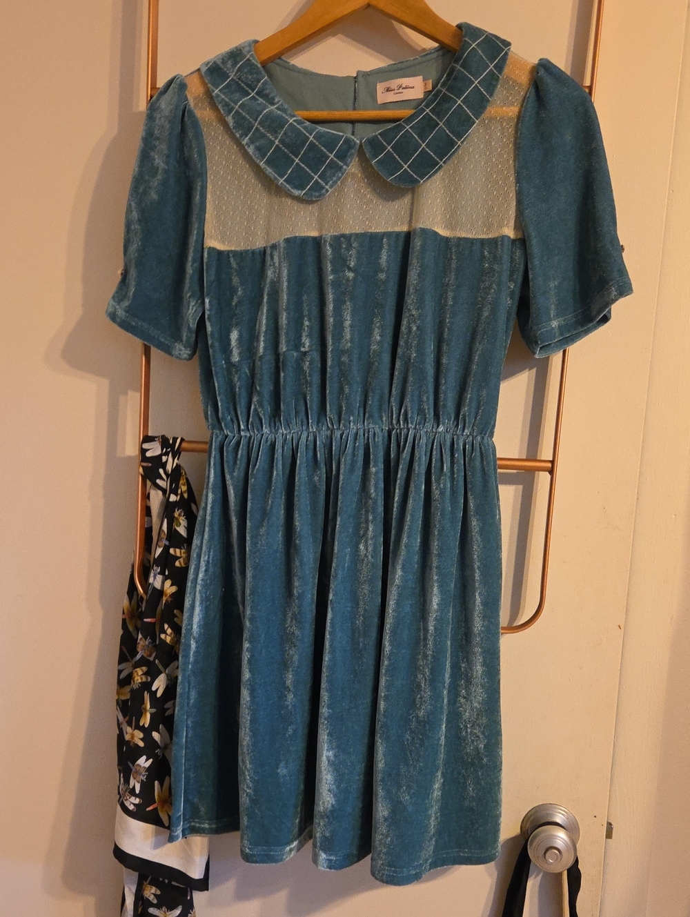 Miss Patina Velvet Peter Pan Collar Dress in Teal